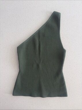 Babaton Sculpt Knit One-Shoulder Ribbed Tank in Olive Green